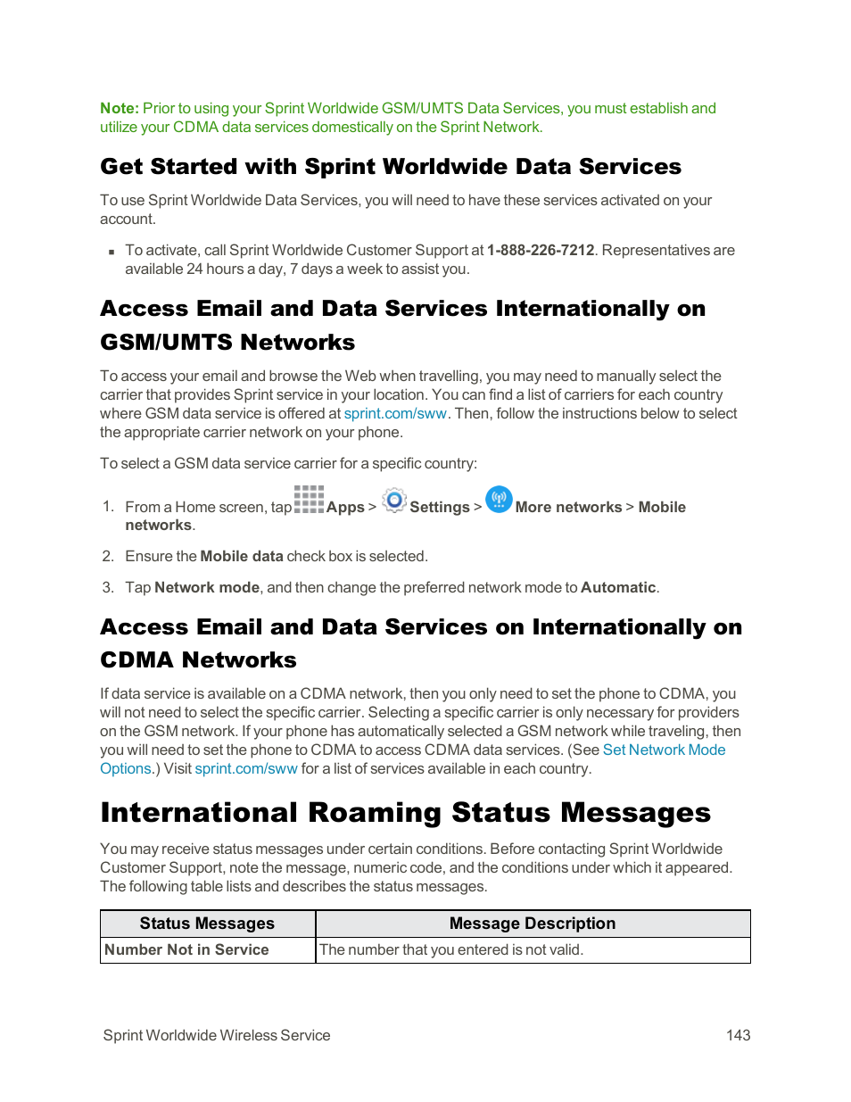 Get started with sprint worldwide data services, International roaming status messages | Samsung Galaxy Note Edge User Manual | Page 155 / 236