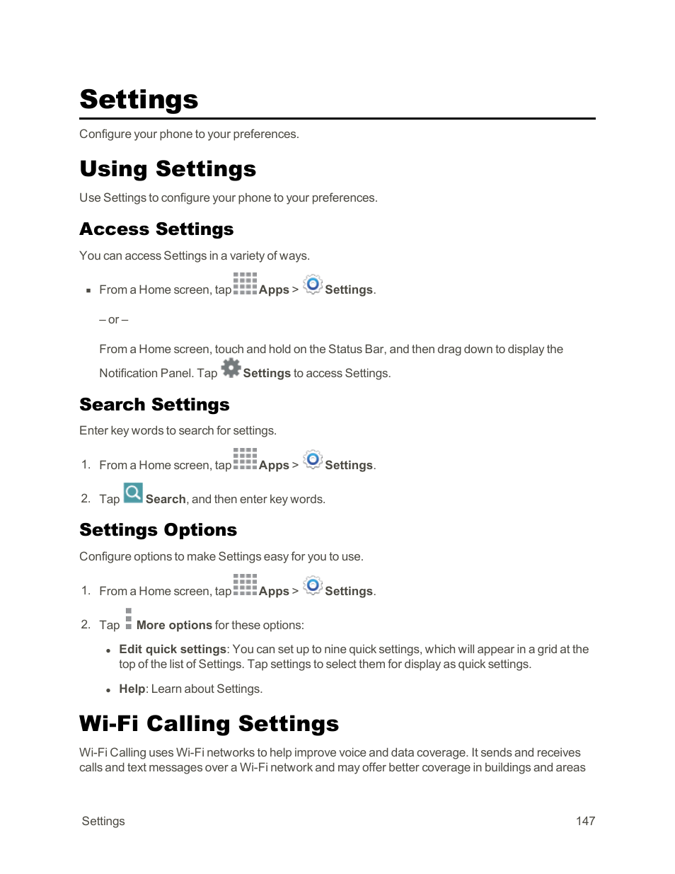 Settings, Using settings, Access settings | Search settings, Settings options, Wi-fi calling settings | Samsung Galaxy Note Edge User Manual | Page 159 / 236