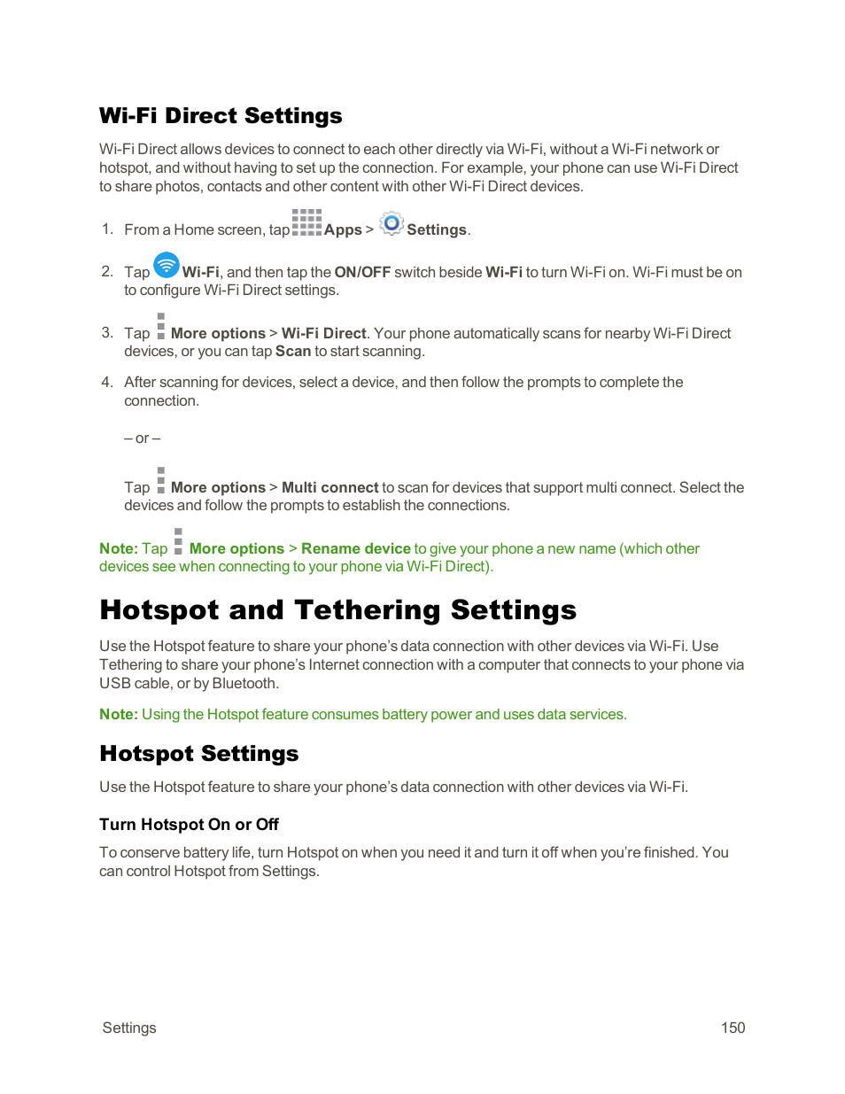 Wi-fi direct settings, Hotspot and tethering settings, Hotspot settings | Wi-fi, Direct settings | Samsung Galaxy Note Edge User Manual | Page 162 / 236
