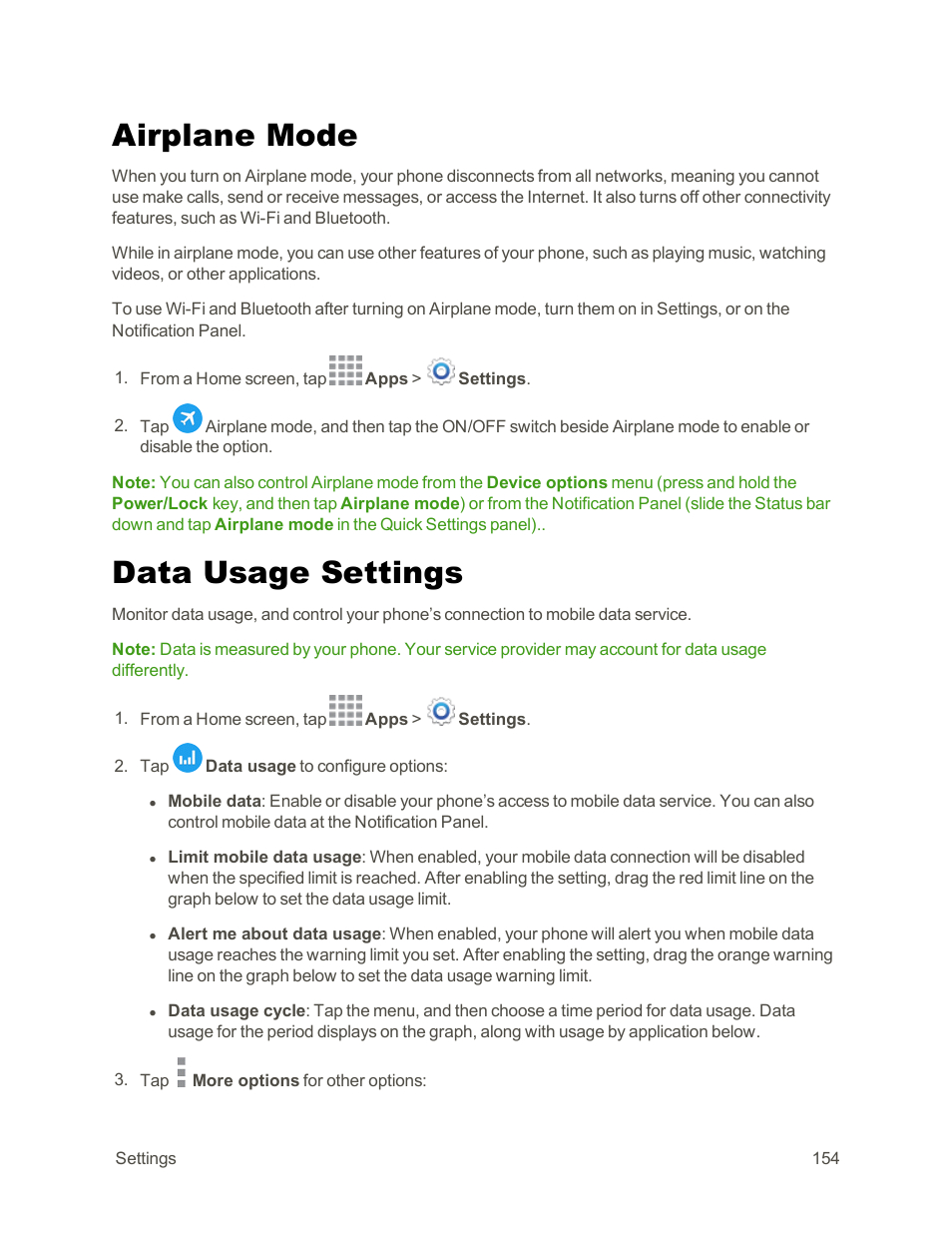 Airplane mode, Data usage settings | Samsung Galaxy Note Edge User Manual | Page 166 / 236