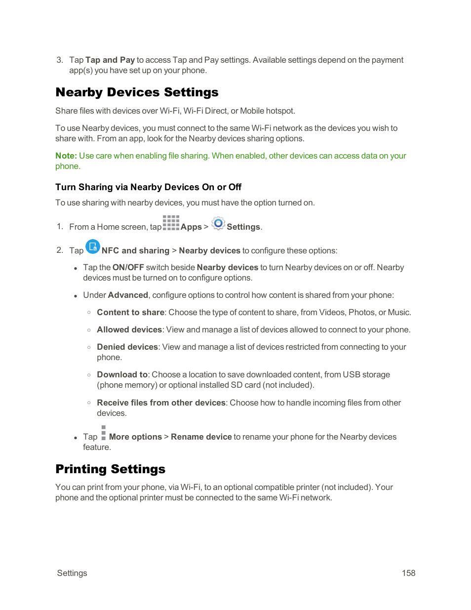 Nearby devices settings, Printing settings | Samsung Galaxy Note Edge User Manual | Page 170 / 236