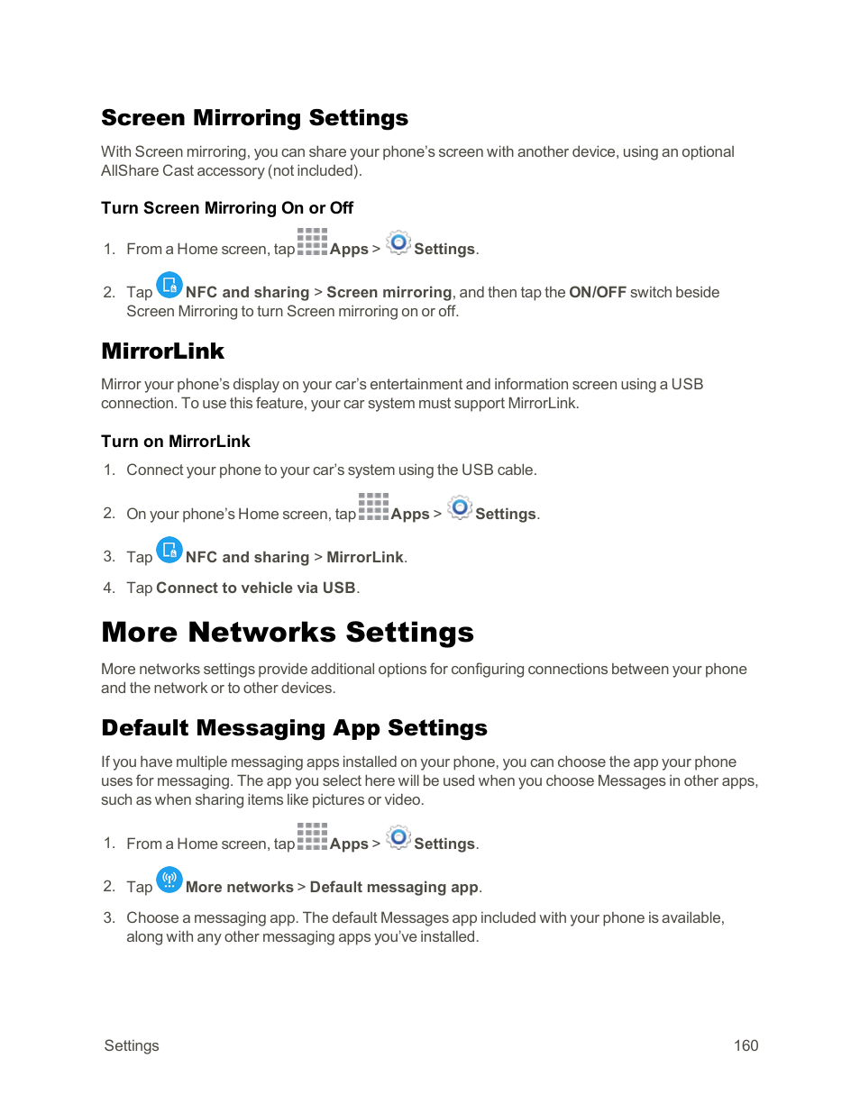 Screen mirroring settings, Mirrorlink, More networks settings | Default messaging app settings | Samsung Galaxy Note Edge User Manual | Page 172 / 236