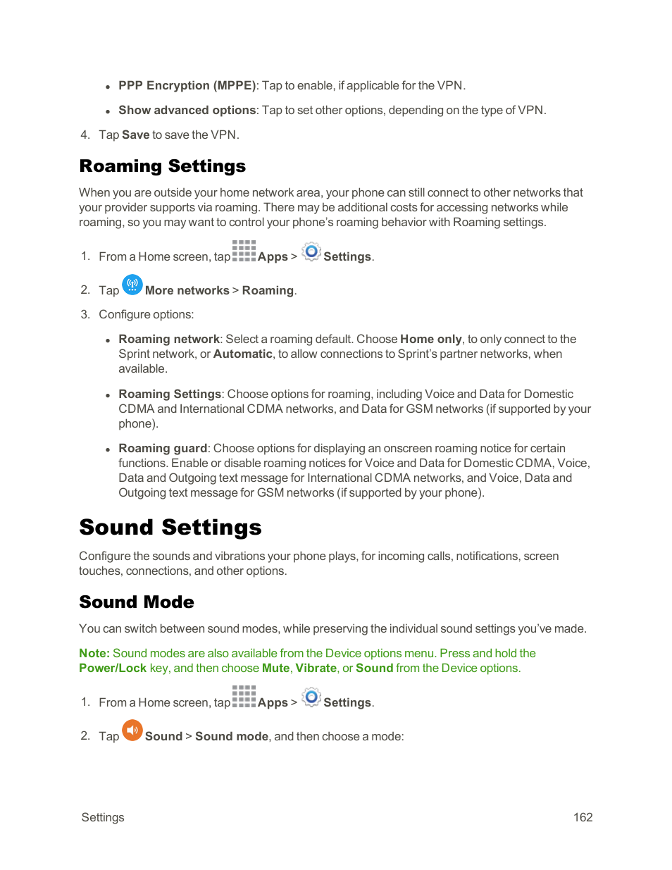 Roaming settings, Sound settings, Sound mode | Samsung Galaxy Note Edge User Manual | Page 174 / 236