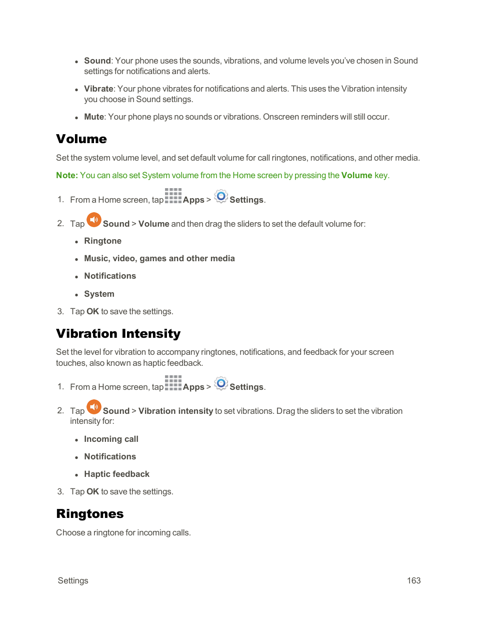 Volume, Vibration intensity, Ringtones | Samsung Galaxy Note Edge User Manual | Page 175 / 236