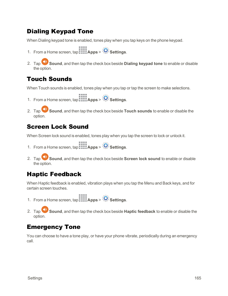 Dialing keypad tone, Touch sounds, Screen lock sound | Haptic feedback, Emergency tone | Samsung Galaxy Note Edge User Manual | Page 177 / 236
