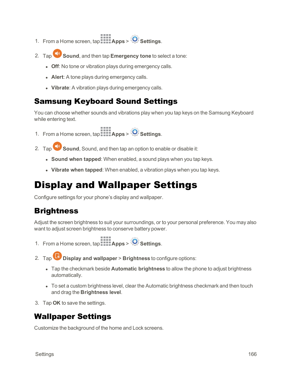 Samsung keyboard sound settings, Display and wallpaper settings, Brightness | Wallpaper settings | Samsung Galaxy Note Edge User Manual | Page 178 / 236
