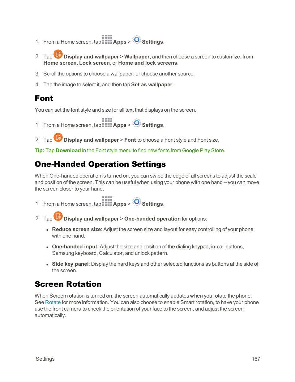 Font, One-handed operation settings, Screen rotation | Samsung Galaxy Note Edge User Manual | Page 179 / 236