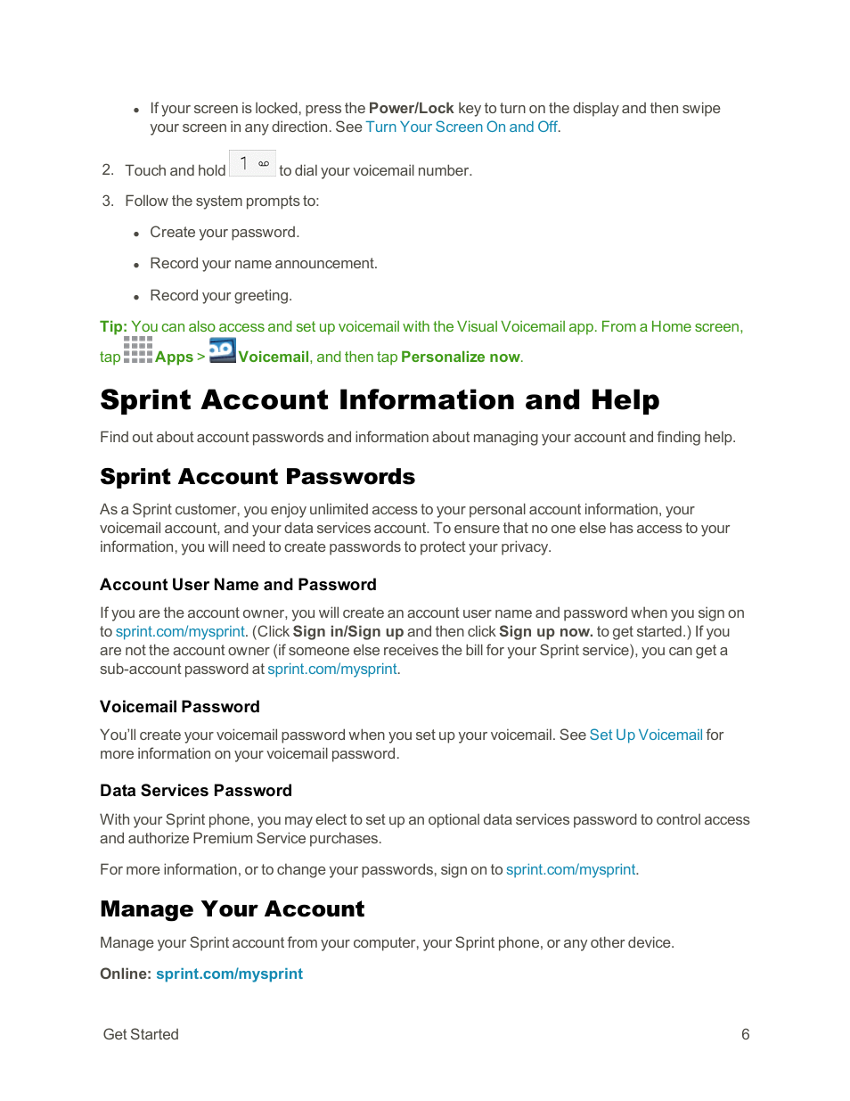 Sprint account information and help, Sprint account passwords, Manage your account | Samsung Galaxy Note Edge User Manual | Page 18 / 236
