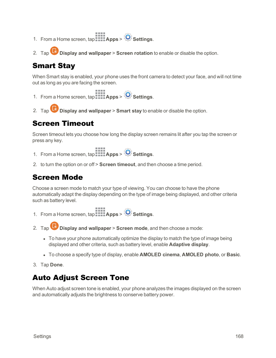 Smart stay, Screen timeout, Screen mode | Auto adjust screen tone | Samsung Galaxy Note Edge User Manual | Page 180 / 236