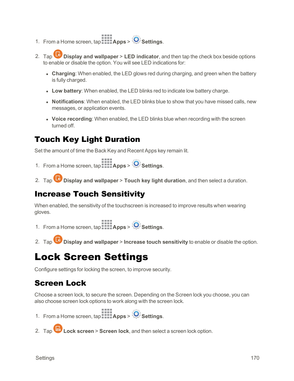 Touch key light duration, Increase touch sensitivity, Lock screen settings | Screen lock | Samsung Galaxy Note Edge User Manual | Page 182 / 236