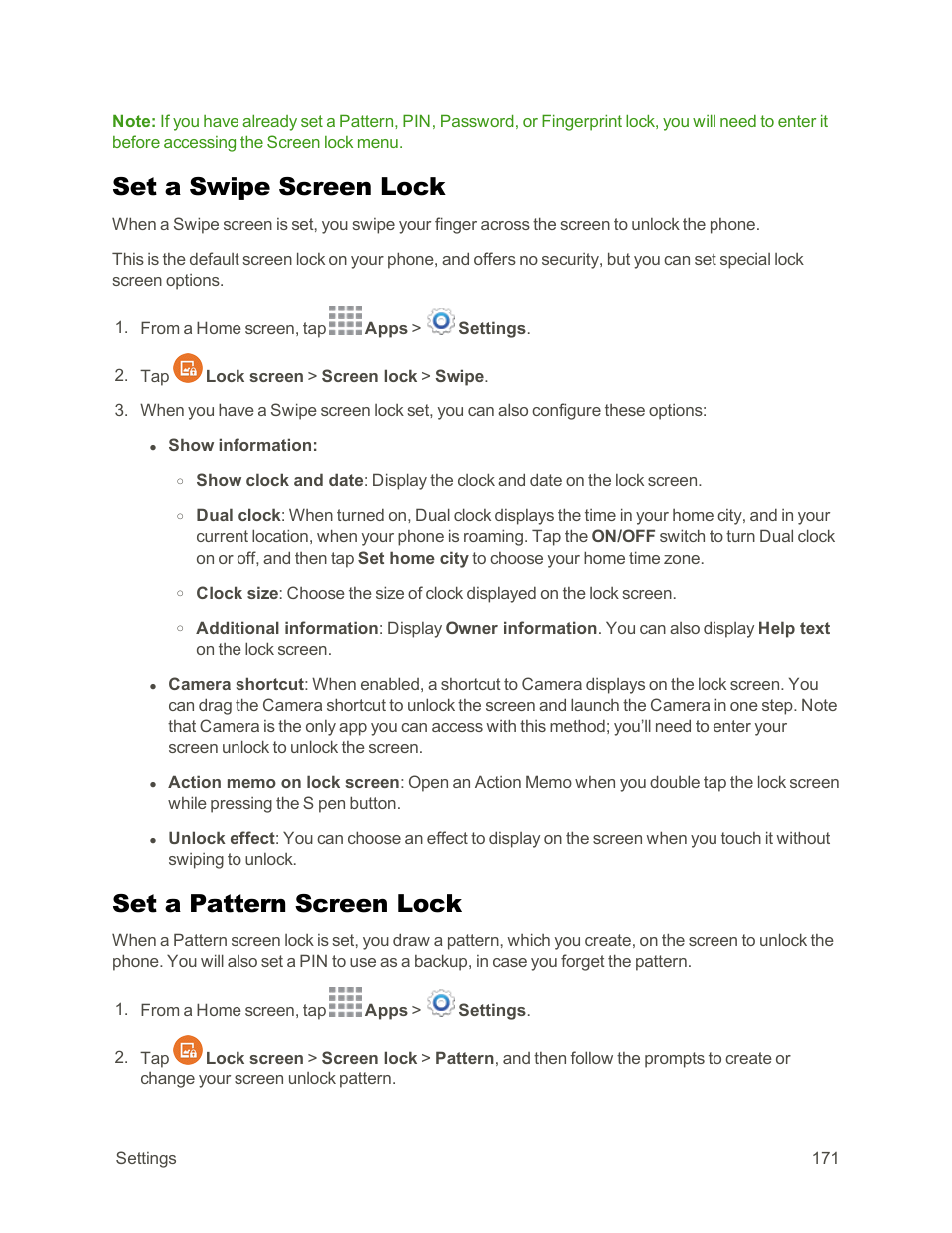 Set a swipe screen lock, Set a pattern screen lock | Samsung Galaxy Note Edge User Manual | Page 183 / 236