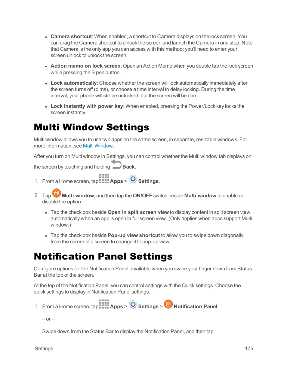Multi window settings, Notification panel settings | Samsung Galaxy Note Edge User Manual | Page 187 / 236
