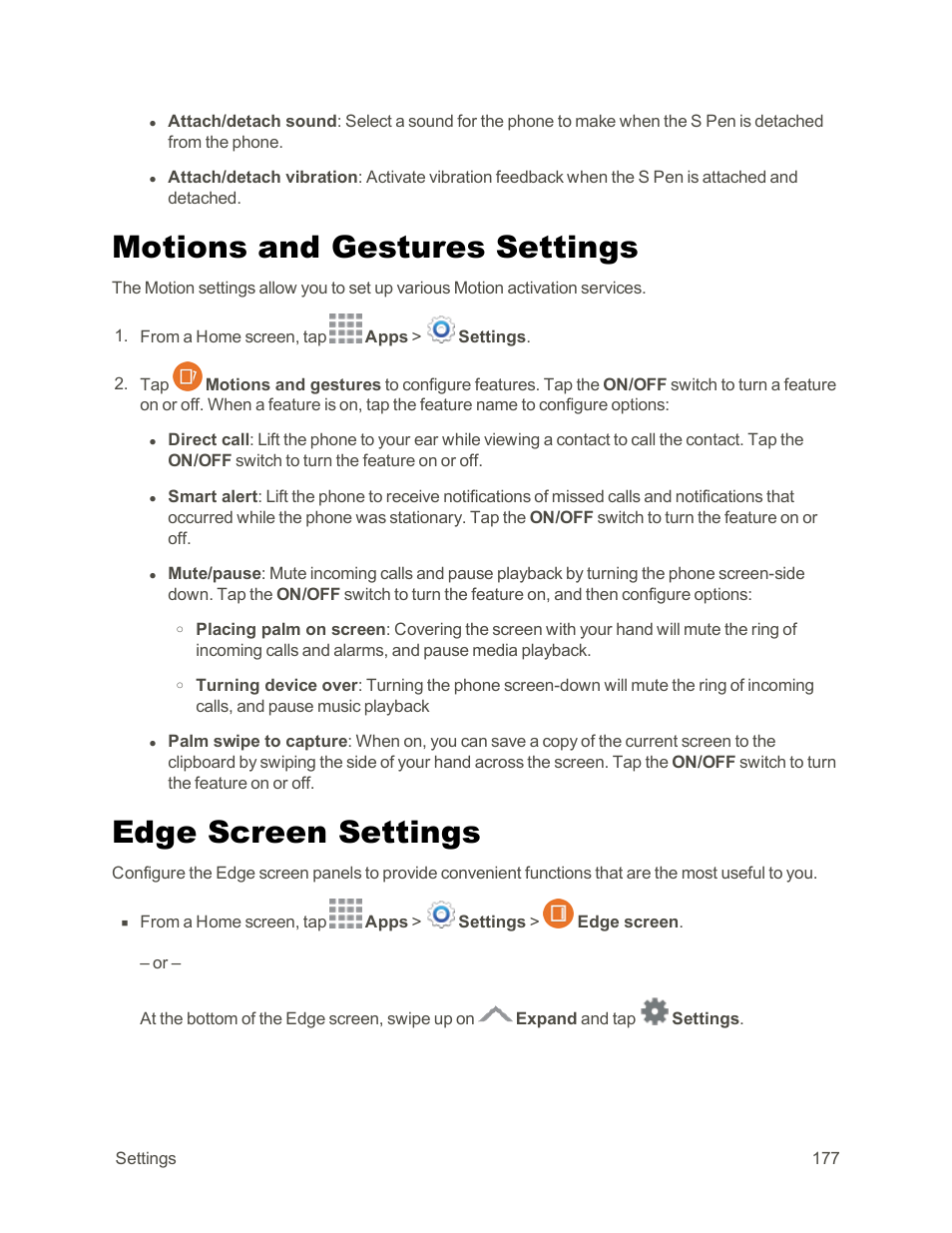 Motions and gestures settings, Edge screen settings | Samsung Galaxy Note Edge User Manual | Page 189 / 236