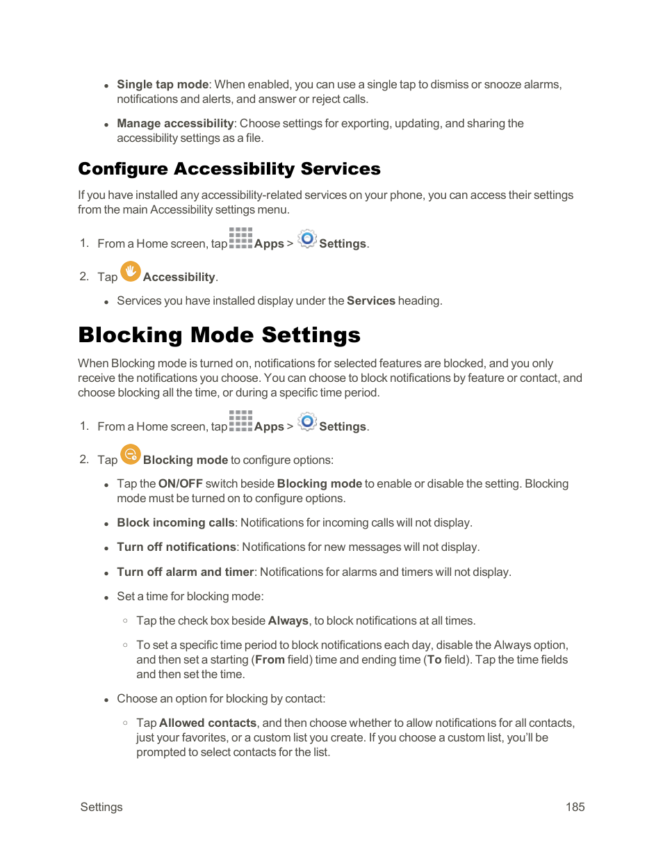 Configure accessibility services, Blocking mode settings | Samsung Galaxy Note Edge User Manual | Page 197 / 236
