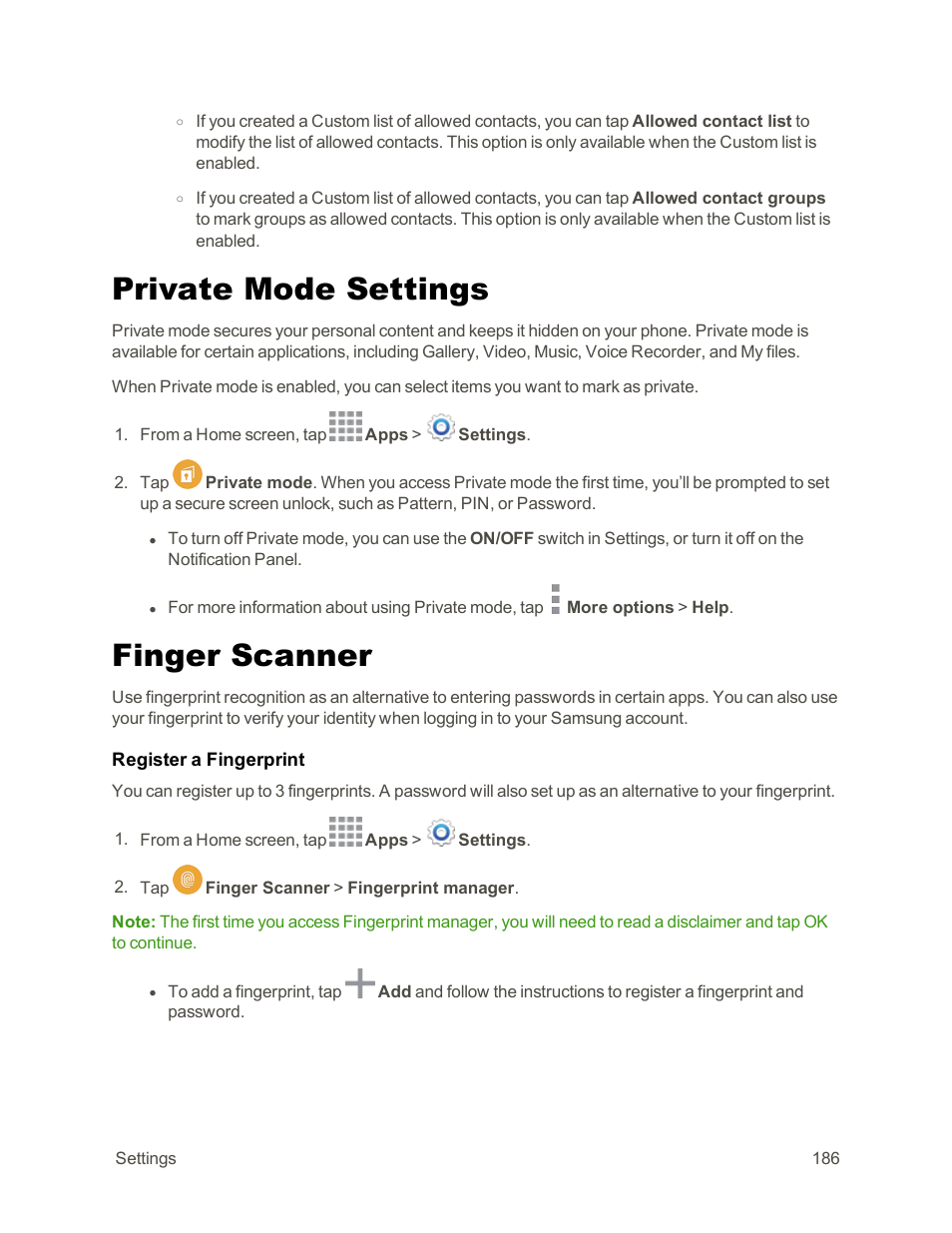 Private mode settings, Finger scanner | Samsung Galaxy Note Edge User Manual | Page 198 / 236
