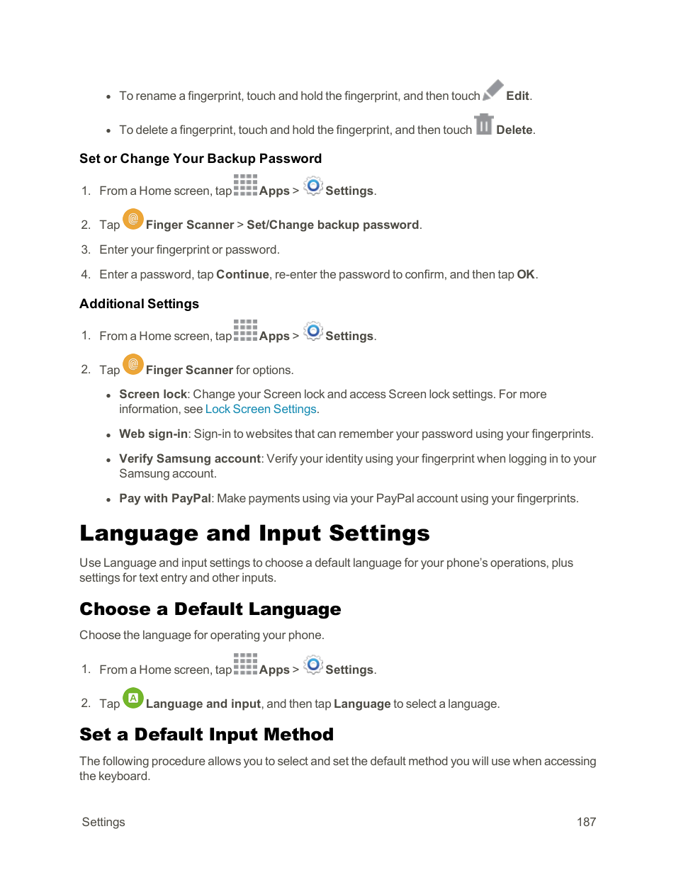 Language and input settings, Choose a default language, Set a default input method | Samsung Galaxy Note Edge User Manual | Page 199 / 236