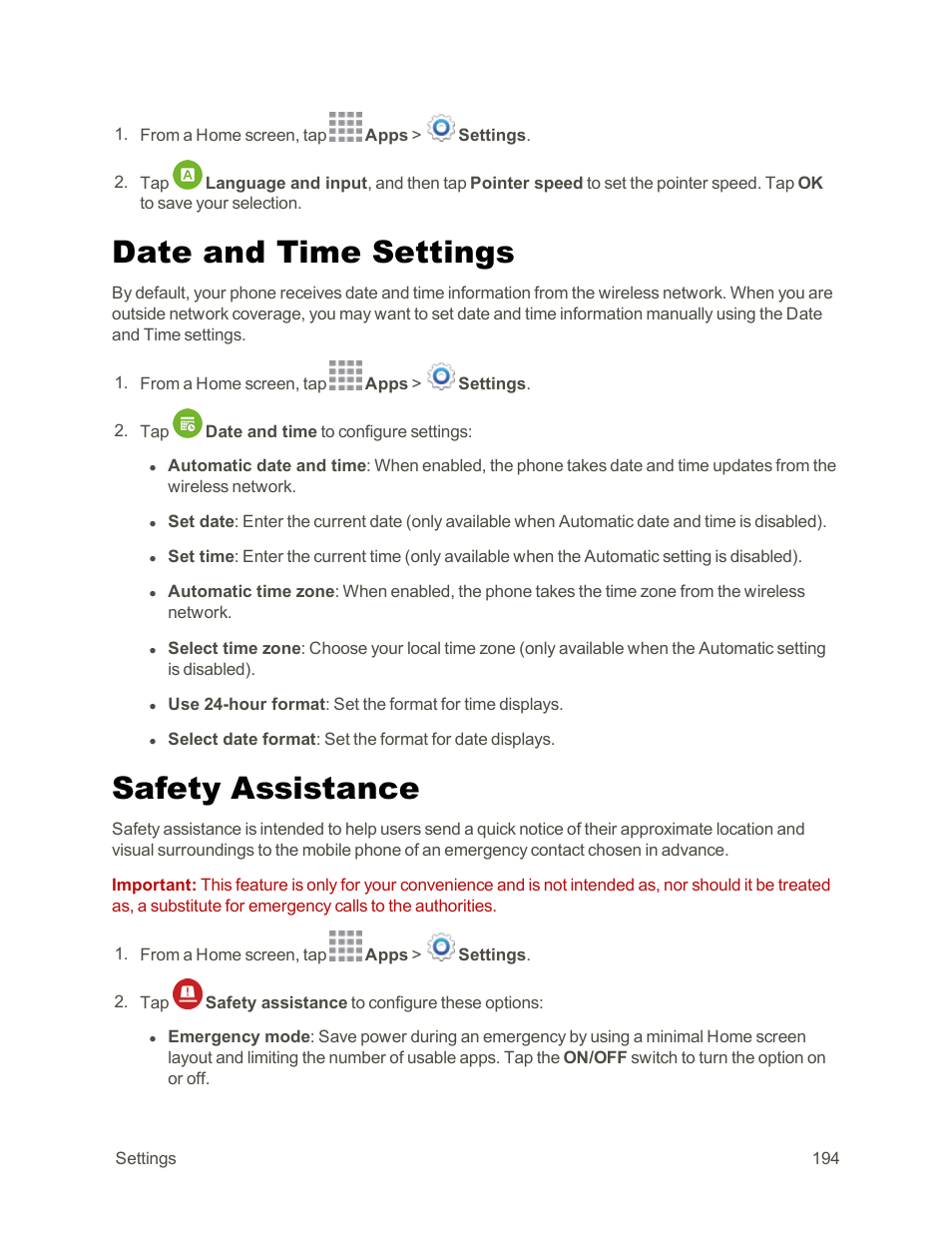 Date and time settings, Safety assistance | Samsung Galaxy Note Edge User Manual | Page 206 / 236