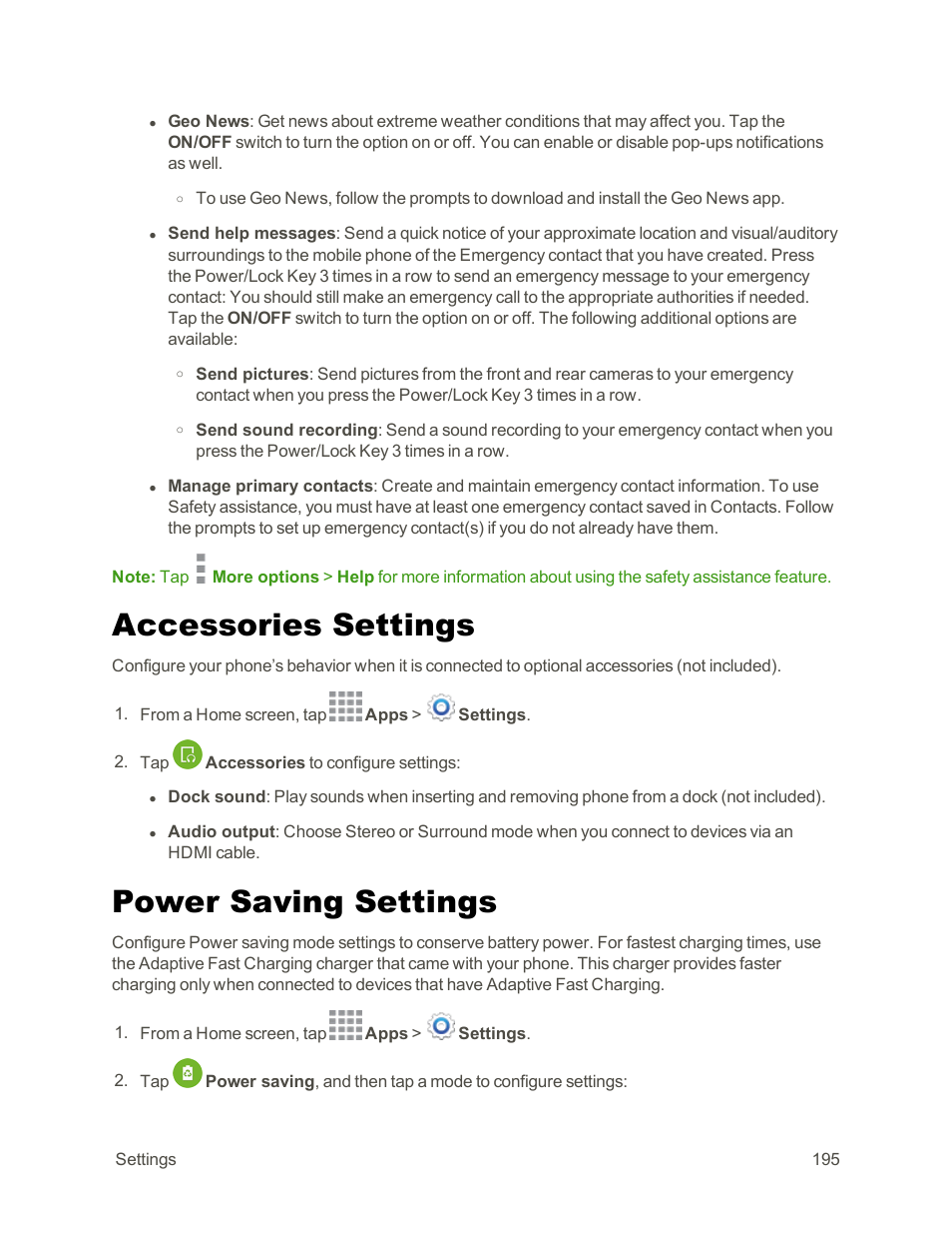 Accessories settings, Power saving settings | Samsung Galaxy Note Edge User Manual | Page 207 / 236