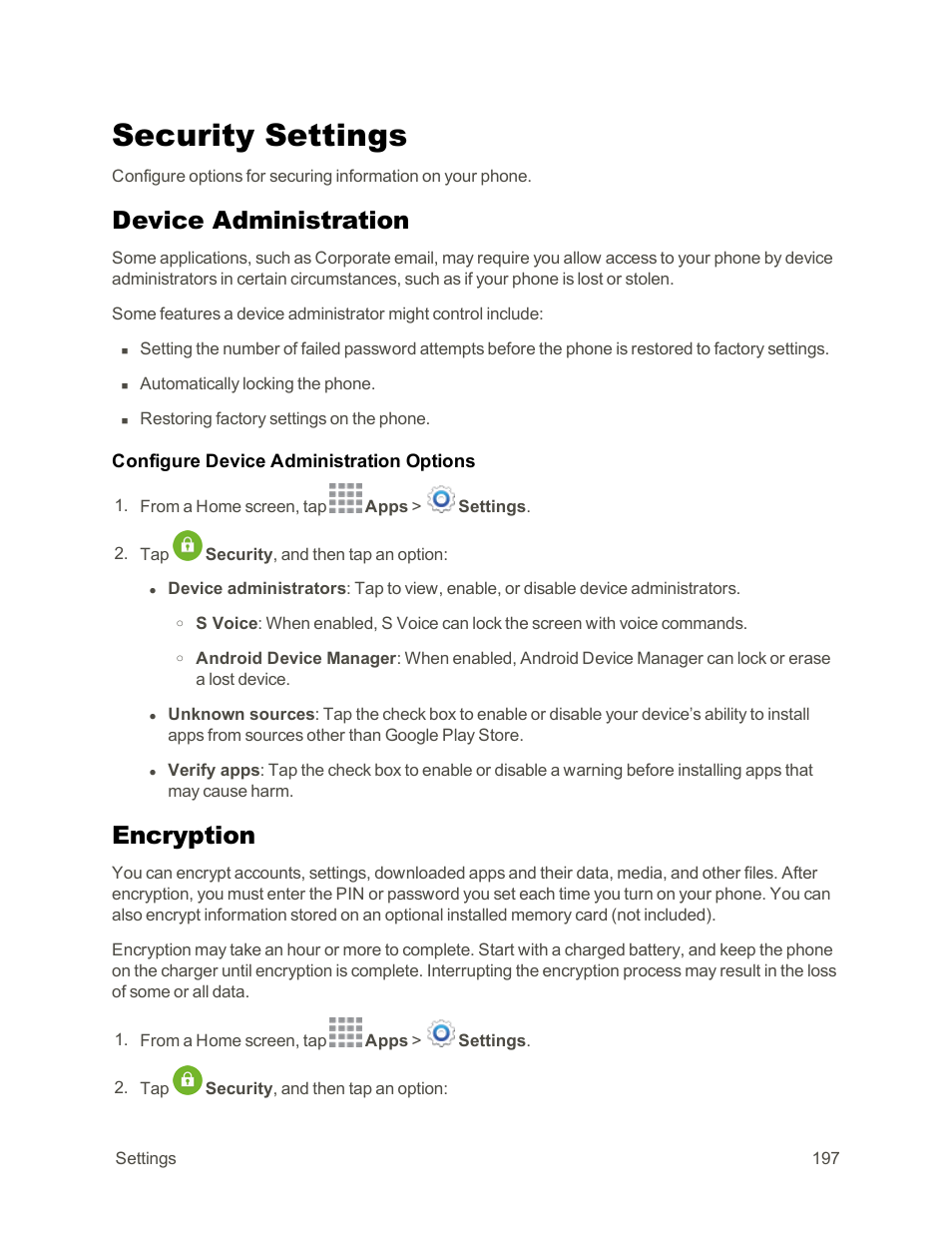 Security settings, Device administration, Encryption | Samsung Galaxy Note Edge User Manual | Page 209 / 236