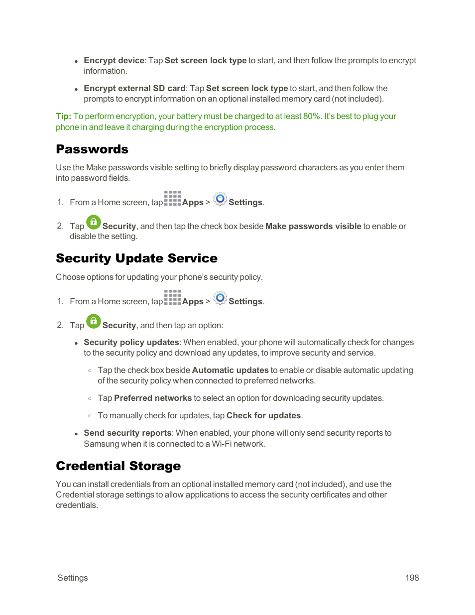 Passwords, Security update service, Credential storage | Samsung Galaxy Note Edge User Manual | Page 210 / 236
