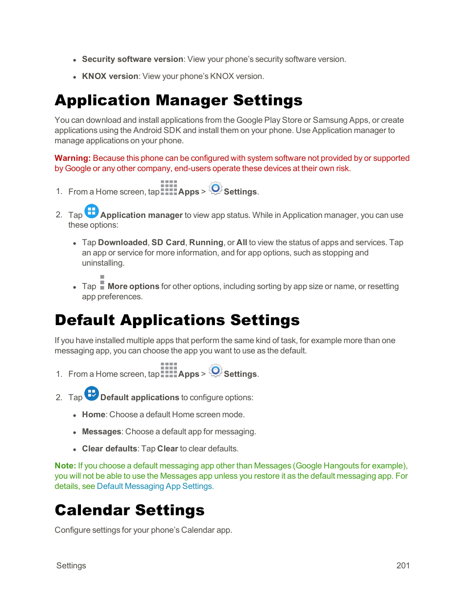 Application manager settings, Default applications settings, Calendar settings | Samsung Galaxy Note Edge User Manual | Page 213 / 236