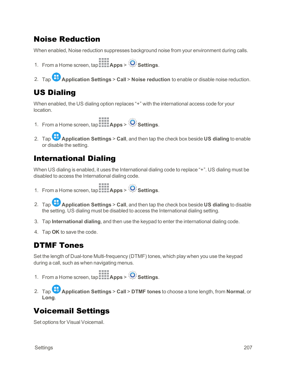 Noise reduction, Us dialing, International dialing | Dtmf tones, Voicemail settings | Samsung Galaxy Note Edge User Manual | Page 219 / 236