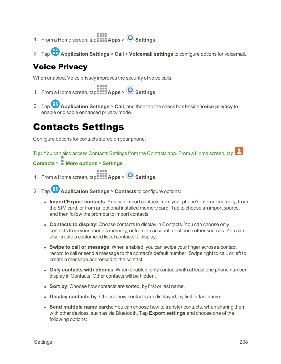 Voice privacy, Contacts settings | Samsung Galaxy Note Edge User Manual | Page 220 / 236