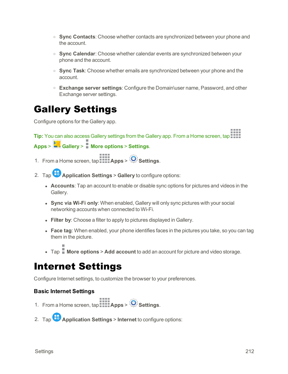 Gallery settings, Internet settings | Samsung Galaxy Note Edge User Manual | Page 224 / 236