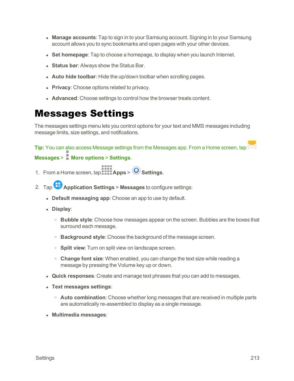 Messages settings | Samsung Galaxy Note Edge User Manual | Page 225 / 236