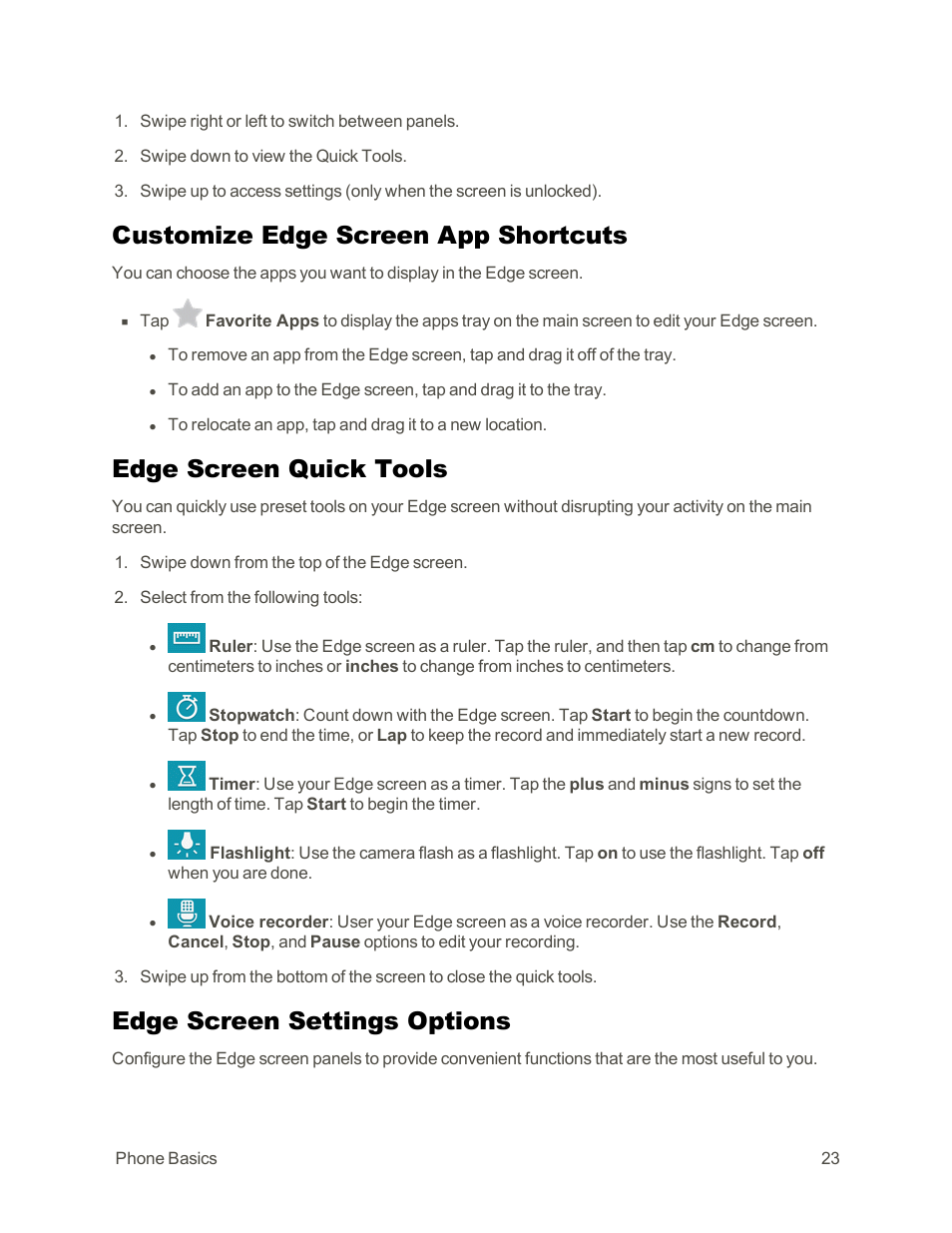 Customize edge screen app shortcuts, Edge screen quick tools, Edge screen settings options | Samsung Galaxy Note Edge User Manual | Page 35 / 236