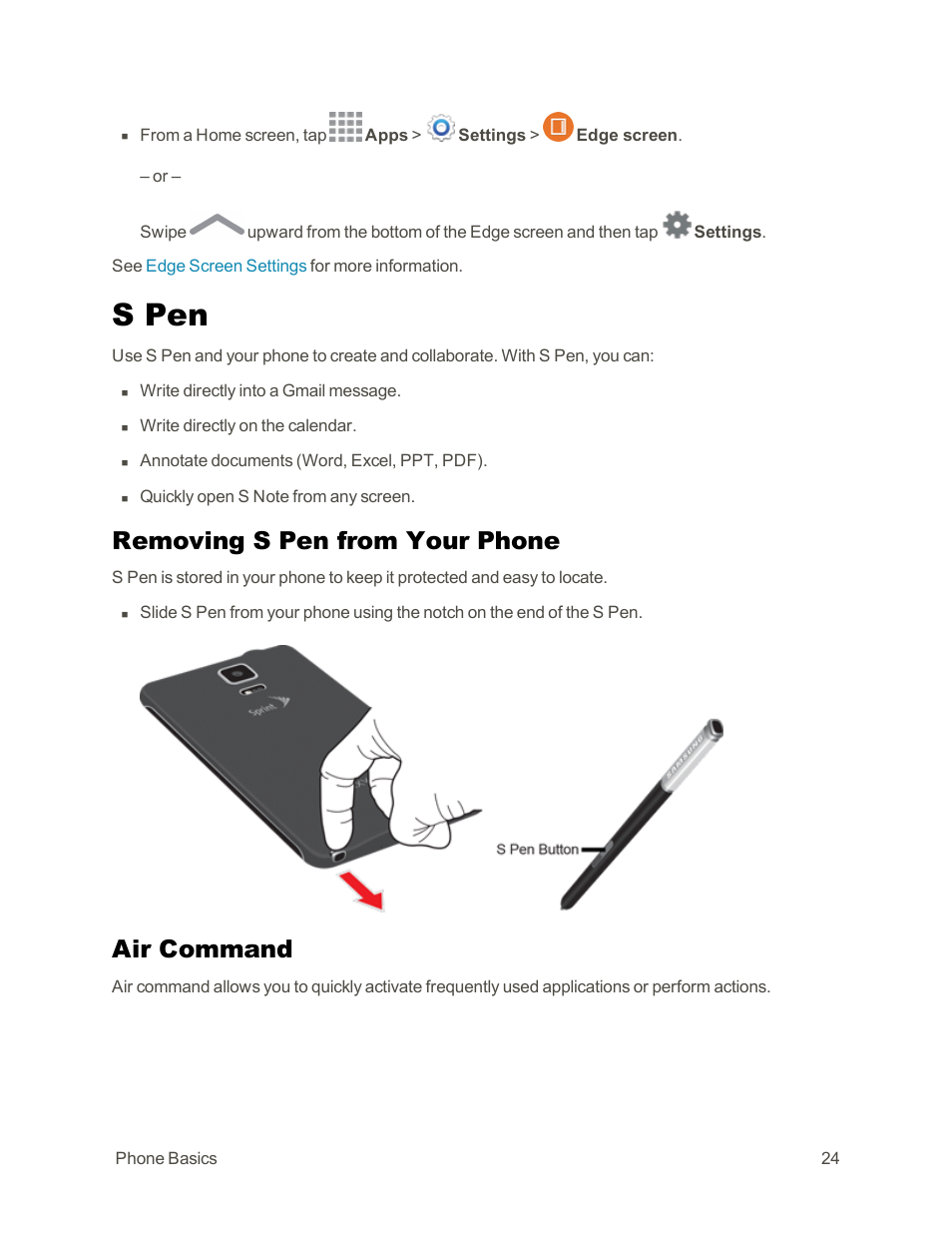 S pen, Removing s pen from your phone, Air command | Samsung Galaxy Note Edge User Manual | Page 36 / 236