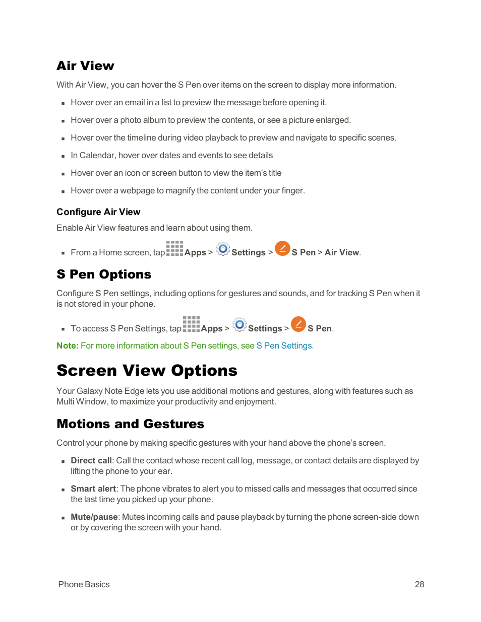 Air view, S pen options, Screen view options | Motions and gestures | Samsung Galaxy Note Edge User Manual | Page 40 / 236