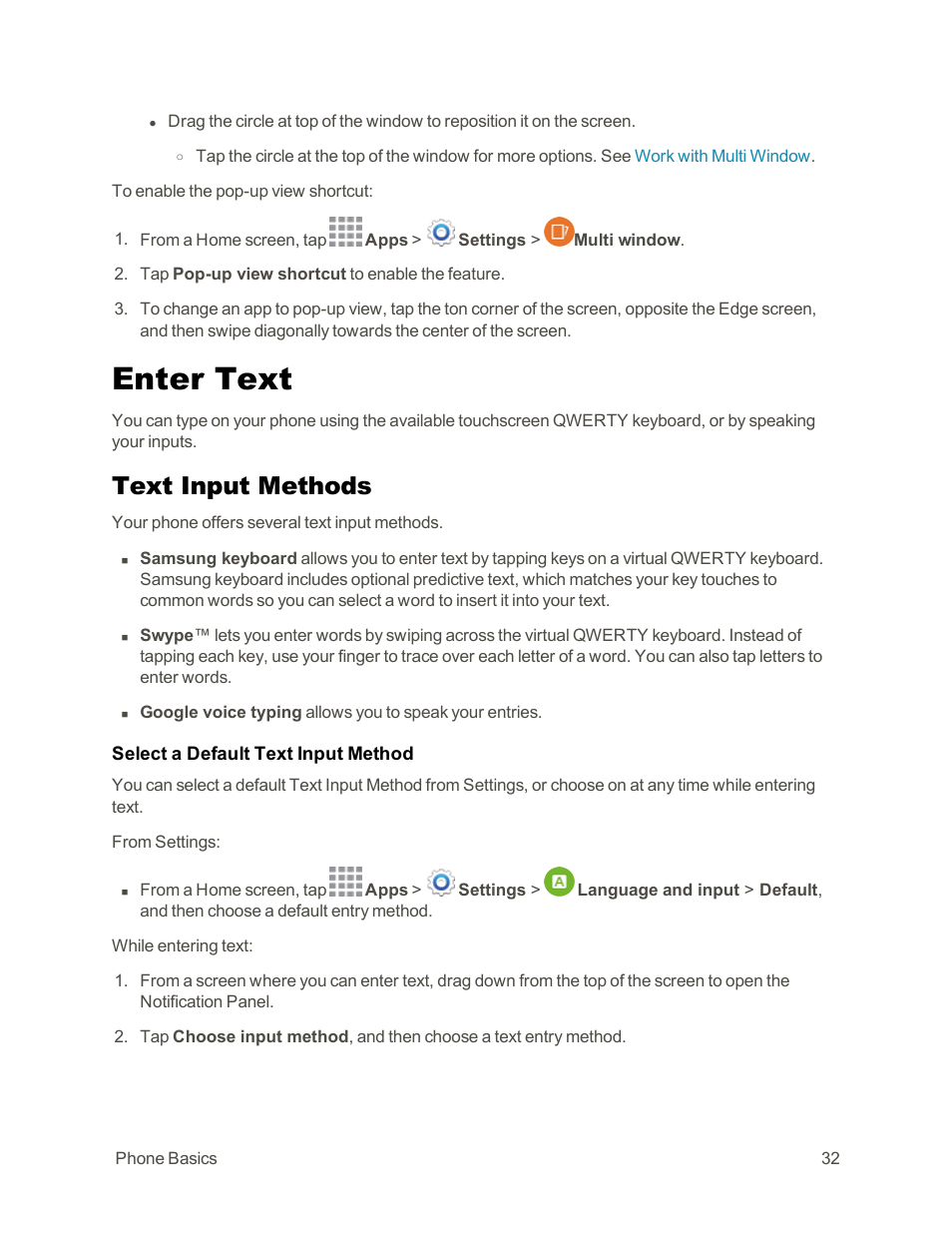 Enter text, Text input methods | Samsung Galaxy Note Edge User Manual | Page 44 / 236