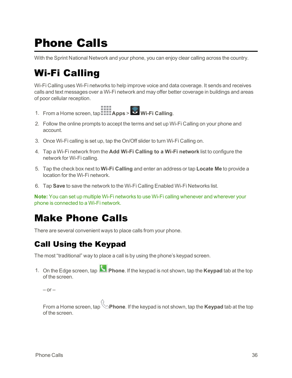Phone calls, Wi-fi calling, Make phone calls | Call using the keypad | Samsung Galaxy Note Edge User Manual | Page 48 / 236