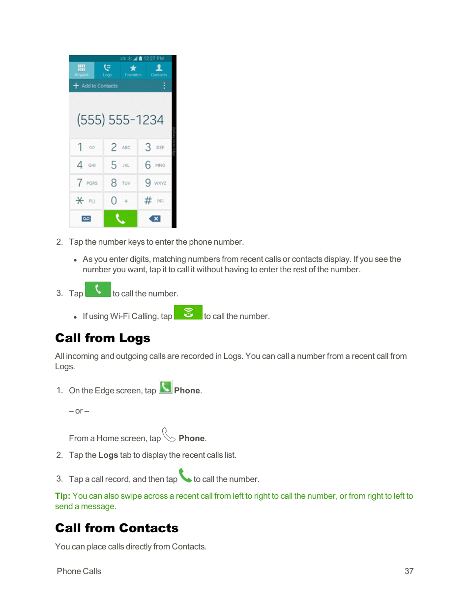 Call from logs, Call from contacts | Samsung Galaxy Note Edge User Manual | Page 49 / 236