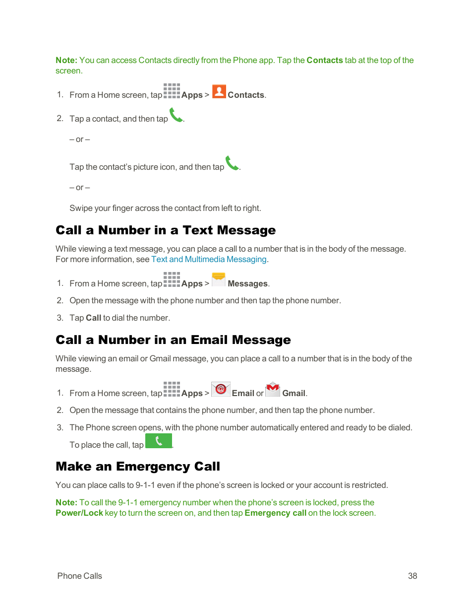 Call a number in a text message, Call a number in an email message, Make an emergency call | Samsung Galaxy Note Edge User Manual | Page 50 / 236