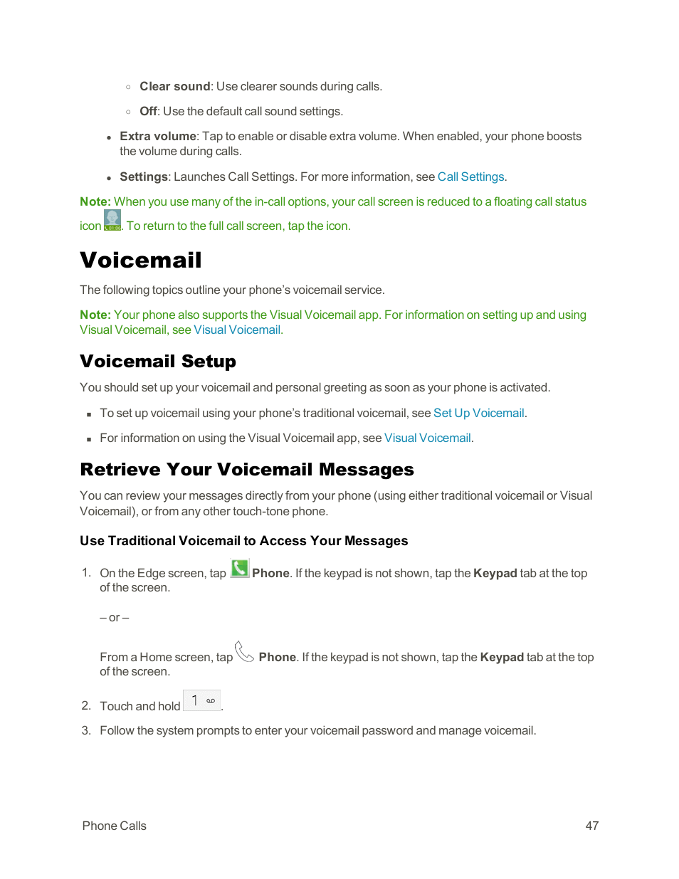 Voicemail, Voicemail setup, Retrieve your voicemail messages | Samsung Galaxy Note Edge User Manual | Page 59 / 236