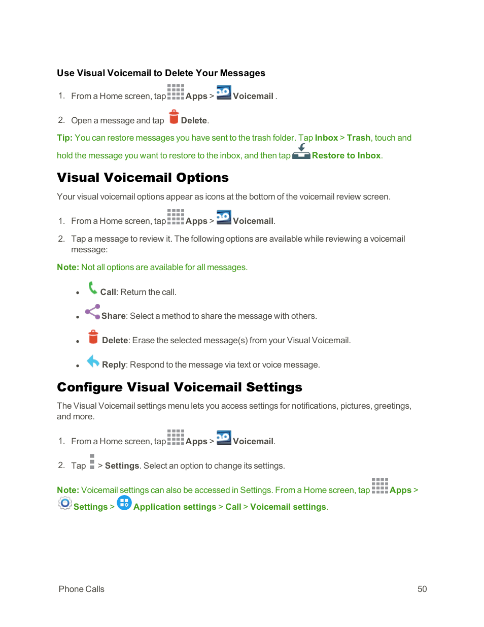 Visual voicemail options, Configure visual voicemail settings | Samsung Galaxy Note Edge User Manual | Page 62 / 236