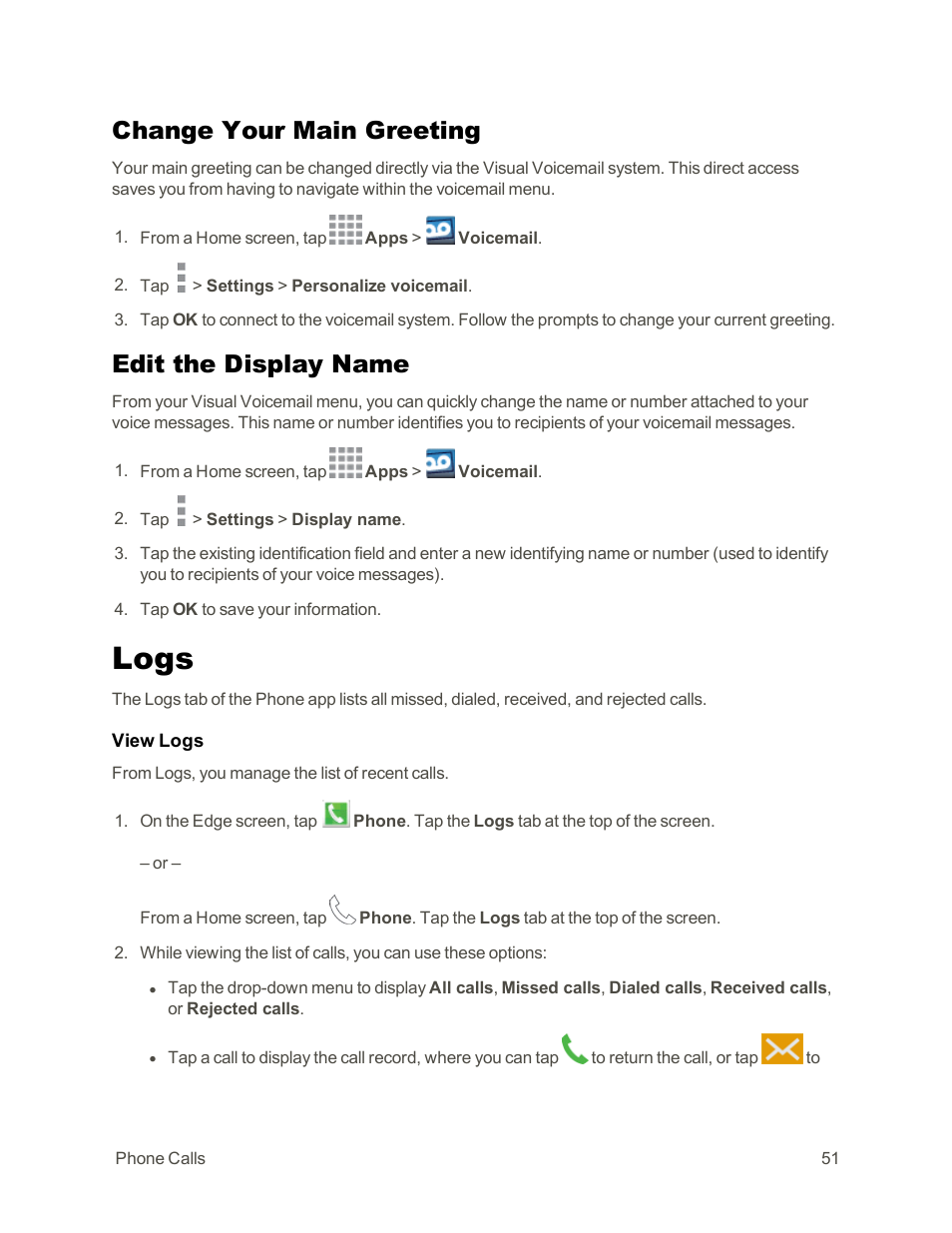 Change your main greeting, Edit the display name, Logs | Samsung Galaxy Note Edge User Manual | Page 63 / 236