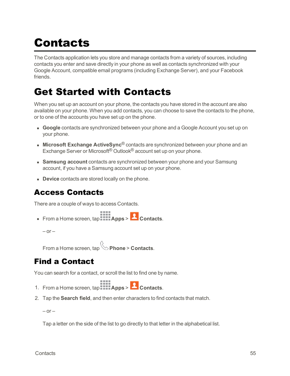 Contacts, Get started with contacts, Access contacts | Find a contact | Samsung Galaxy Note Edge User Manual | Page 67 / 236