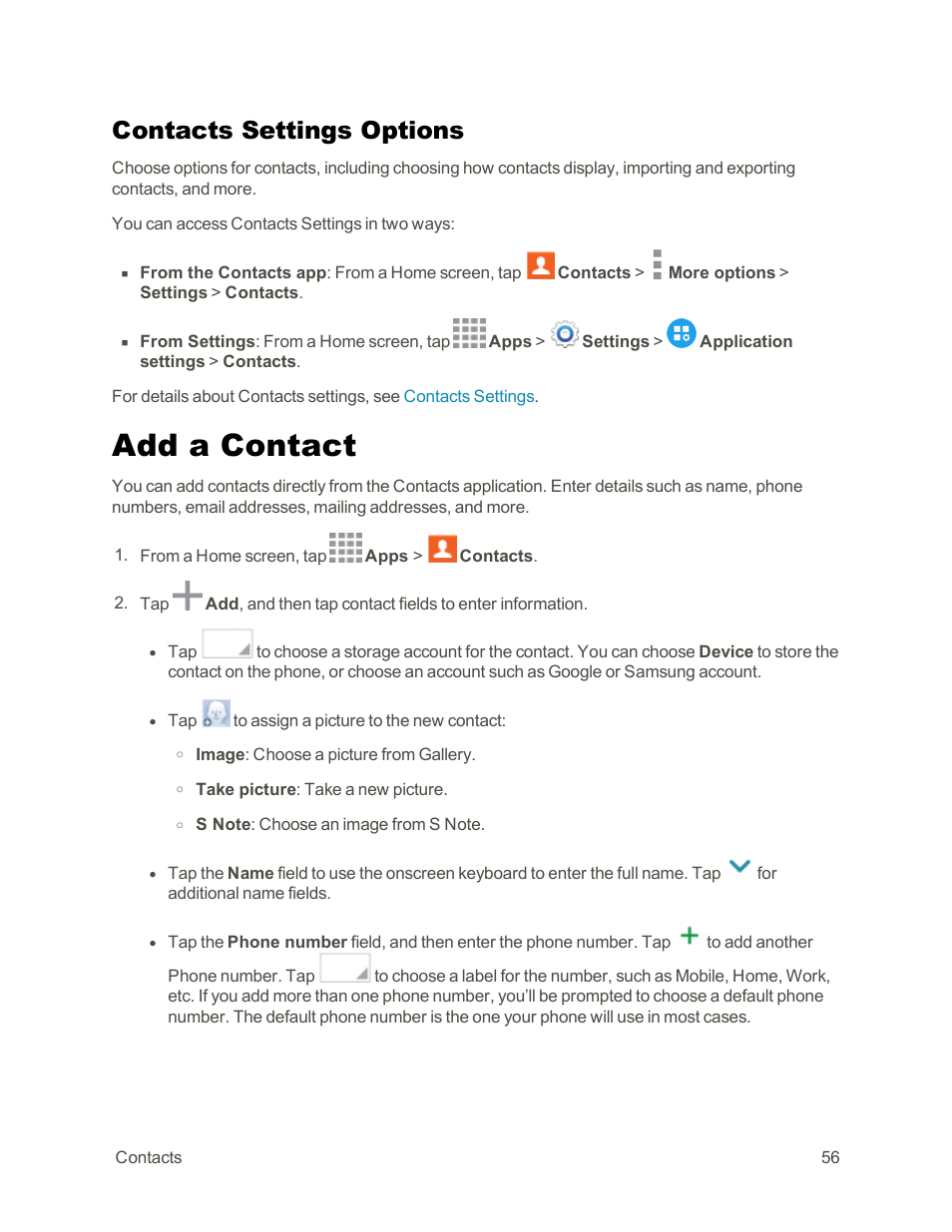 Contacts settings options, Add a contact | Samsung Galaxy Note Edge User Manual | Page 68 / 236