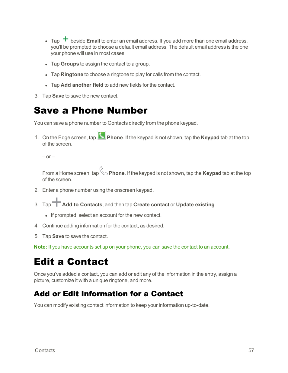 Save a phone number, Edit a contact, Add or edit information for a contact | Samsung Galaxy Note Edge User Manual | Page 69 / 236