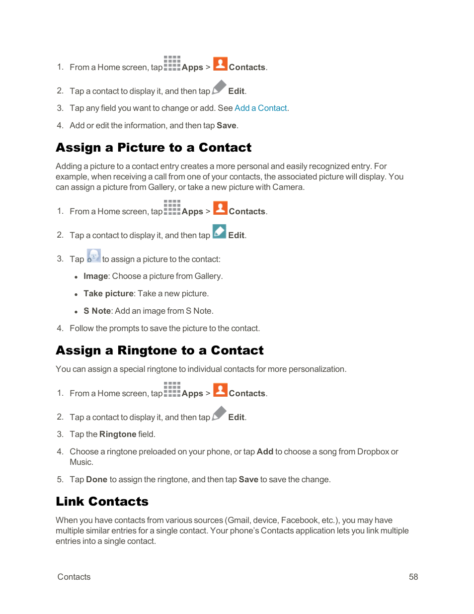 Assign a picture to a contact, Assign a ringtone to a contact, Link contacts | Samsung Galaxy Note Edge User Manual | Page 70 / 236