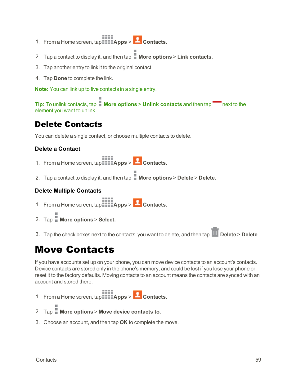 Delete contacts, Move contacts | Samsung Galaxy Note Edge User Manual | Page 71 / 236