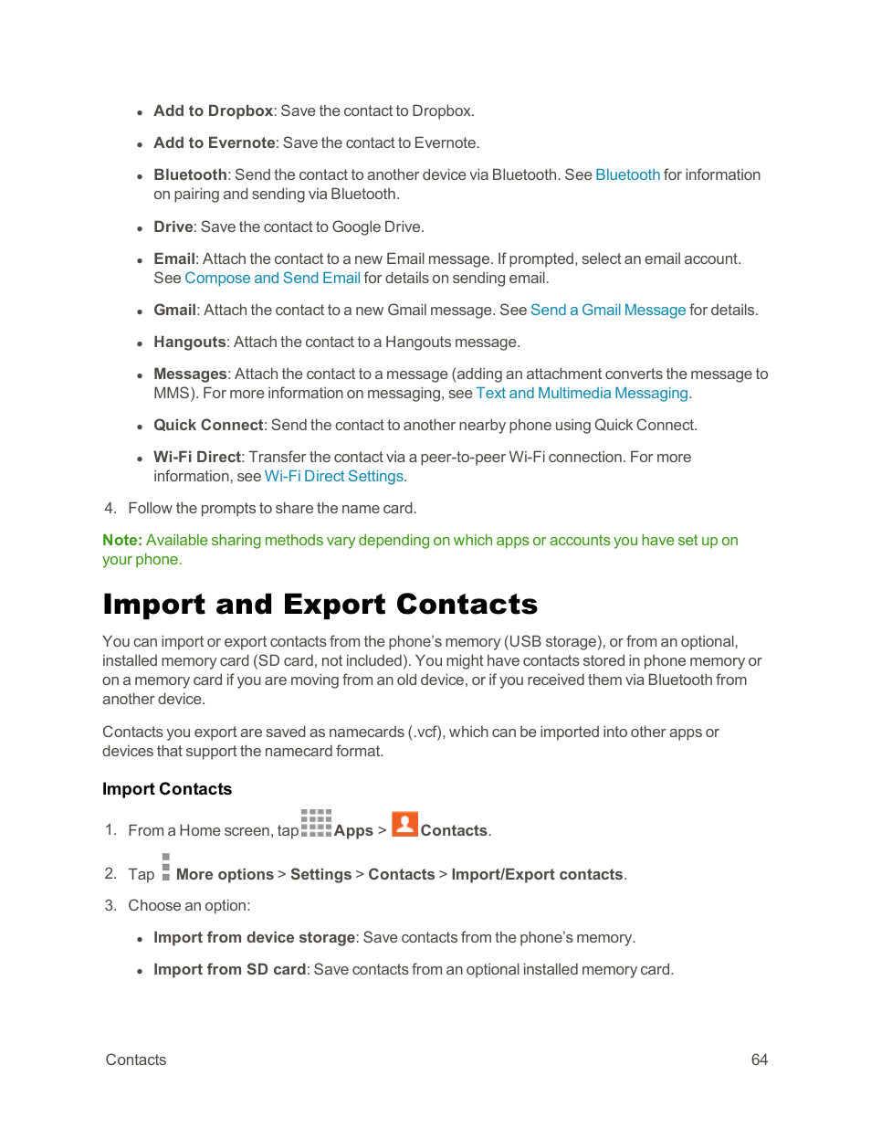 Import and export contacts | Samsung Galaxy Note Edge User Manual | Page 76 / 236