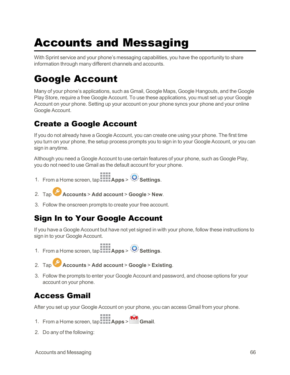 Accounts and messaging, Google account, Create a google account | Sign in to your google account, Access gmail | Samsung Galaxy Note Edge User Manual | Page 78 / 236