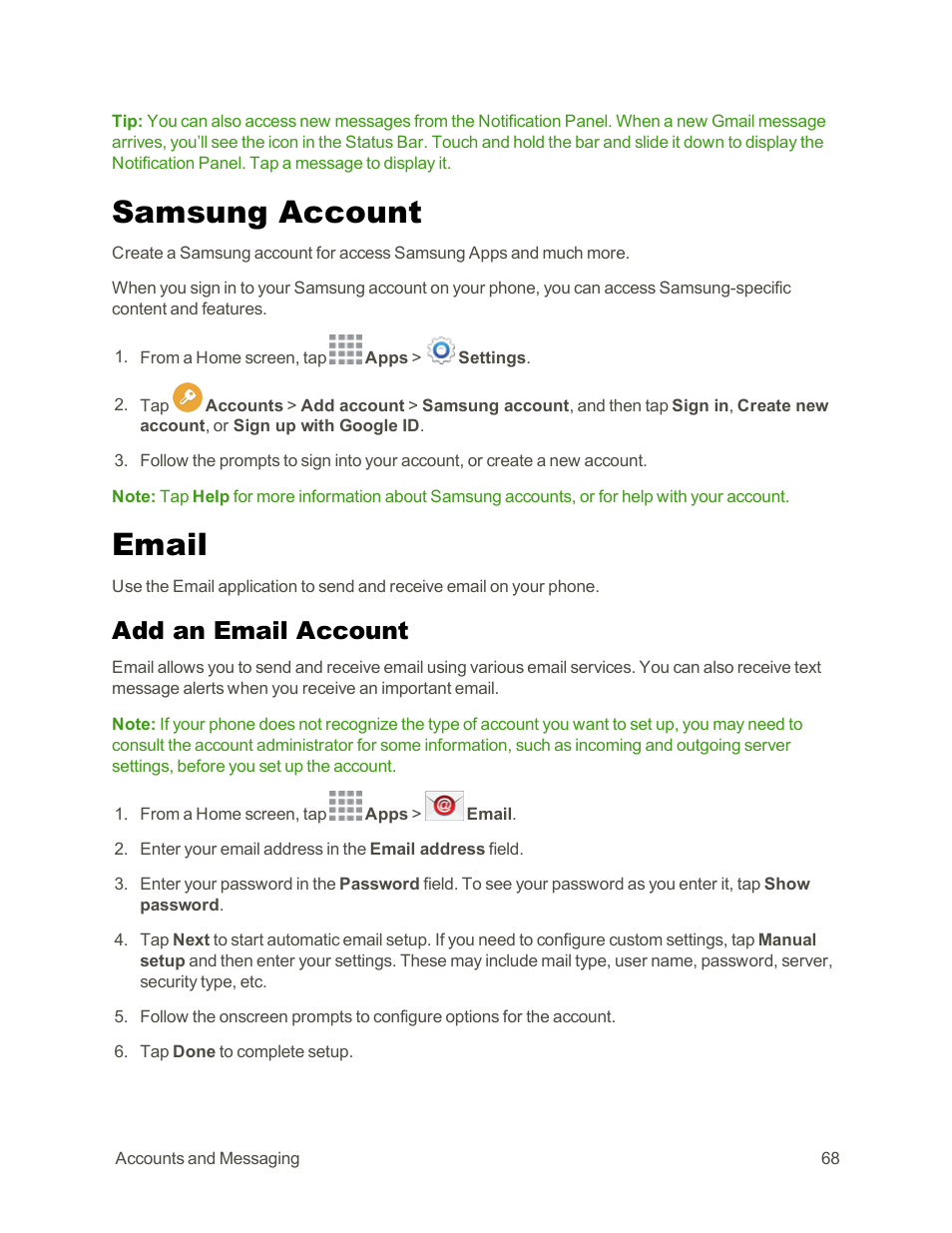 Samsung account, Email, Add an email account | Samsung Galaxy Note Edge User Manual | Page 80 / 236