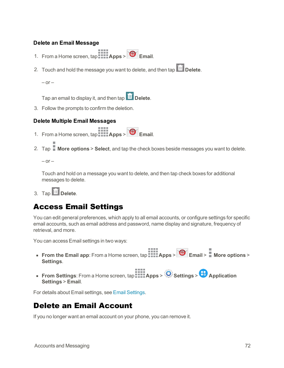 Access email settings, Delete an email account | Samsung Galaxy Note Edge User Manual | Page 84 / 236