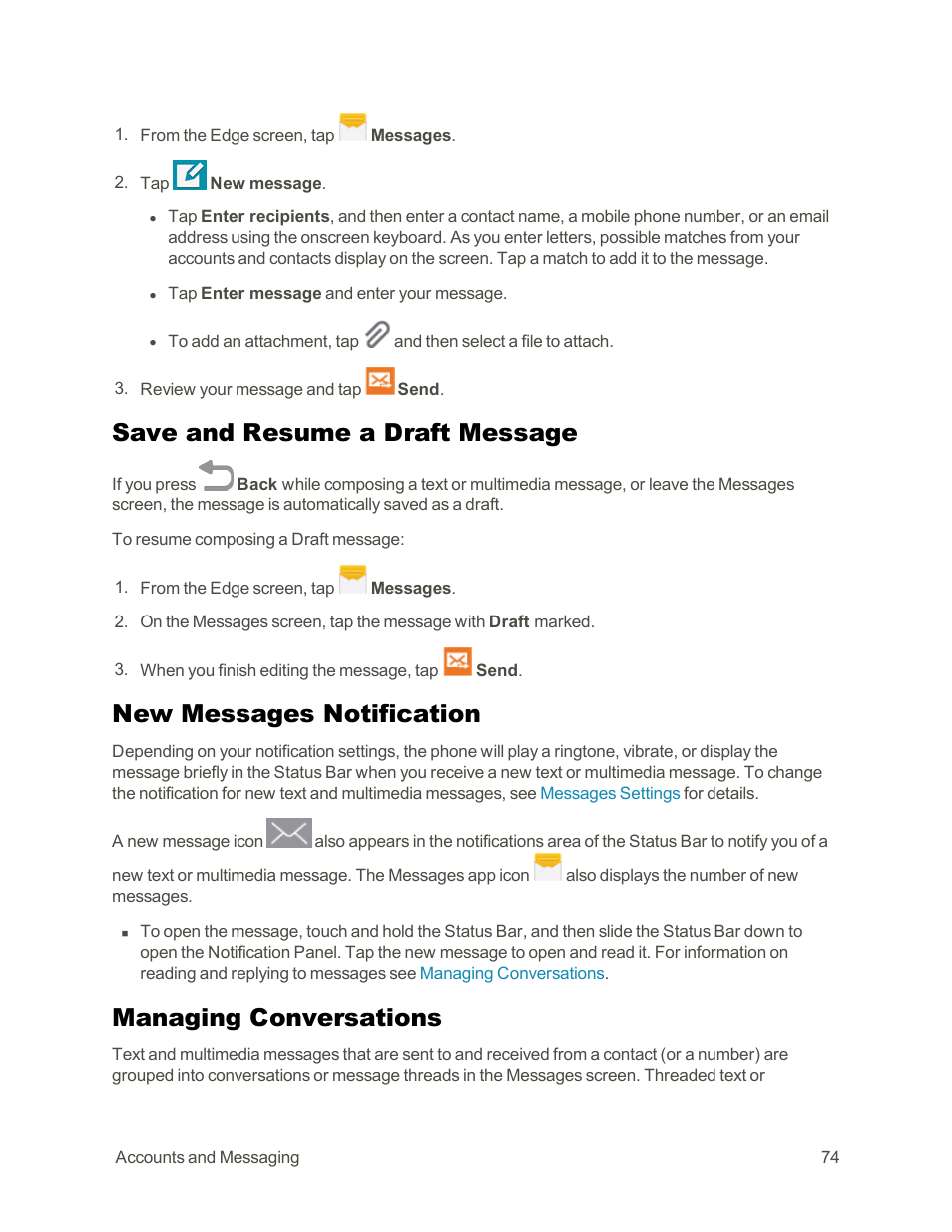 Save and resume a draft message, New messages notification, Managing conversations | Samsung Galaxy Note Edge User Manual | Page 86 / 236