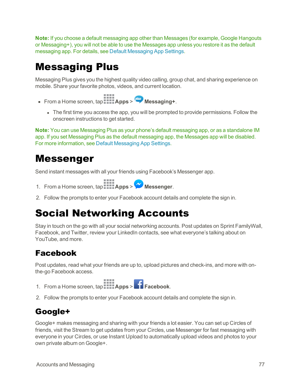 Messaging plus, Messenger, Social networking accounts | Facebook, Google | Samsung Galaxy Note Edge User Manual | Page 89 / 236